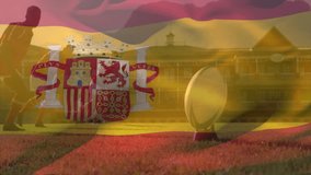 Animation of flag of spain over diverse rugby players. Global sports, competition, connections, computing and data processing concept digitally generated video. - Powered by Shutterstock - Get 15% off with code: PIKWIZARD15
