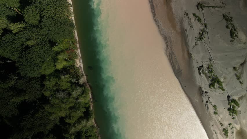 Top down aerial over confluence of Skagit and Sauk River in Rockport Washington