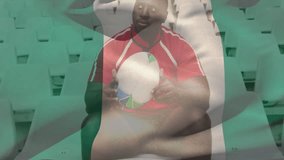 Animation of flag of nigeria over african american rugby player with ball. Global sports, competition, connections, computing and data processing concept digitally generated video. - Powered by Shutterstock - Get 15% off with code: PIKWIZARD15