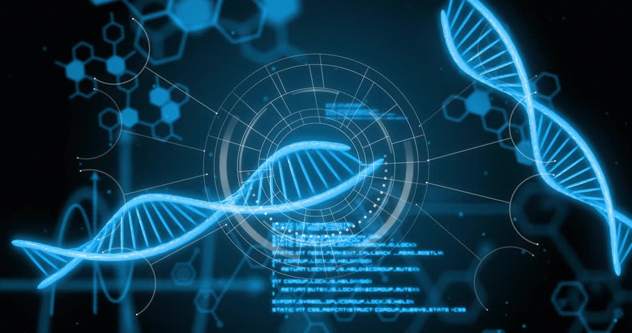 Animation of digital data processing with scope scanning over dna strands on black background. Global science, business, connections, computing and data processing concept digitally generated video.