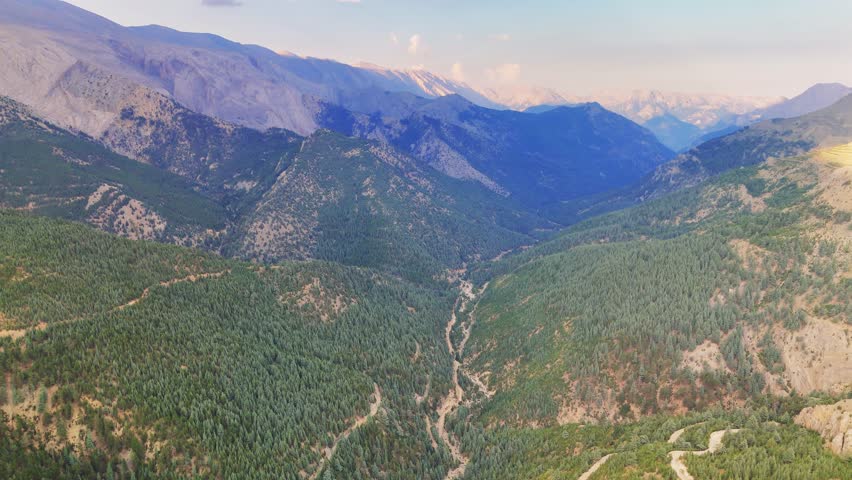 Shifting shadows glide across a lush mountain valley, unveiling a winding road below. Sunlight filters through the trees, creating a peaceful and calming landscape