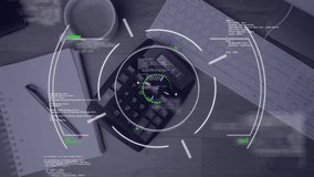 Animation of digital data processing over calculator and computer on desk. Global connections, computing and data processing concept digitally generated video. - Powered by Shutterstock - Get 15% off with code: PIKWIZARD15