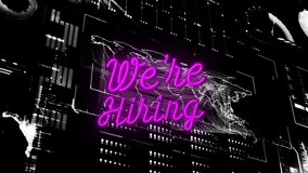 We're Hiring text animation over digital world map and data visualization. Recruitment, employment, global, technology - Powered by Shutterstock - Get 15% off with code: PIKWIZARD15