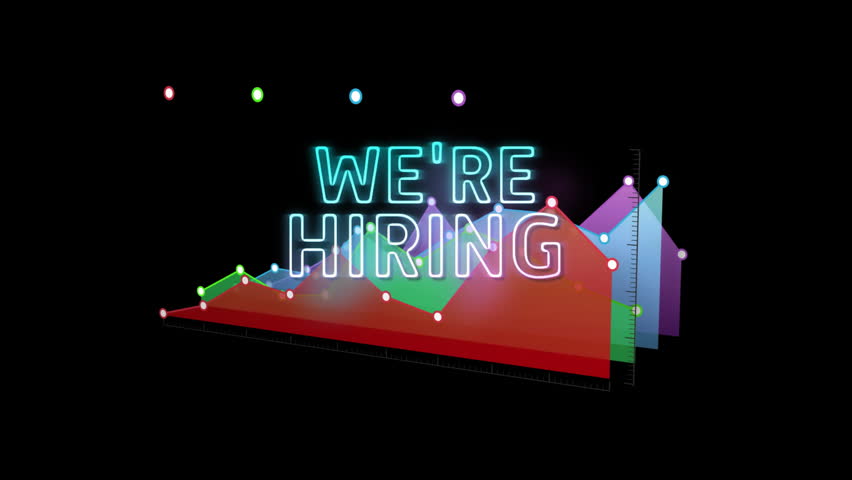 We're Hiring text animation over colorful data graph on black background. Recruitment, job search, infographic, technology