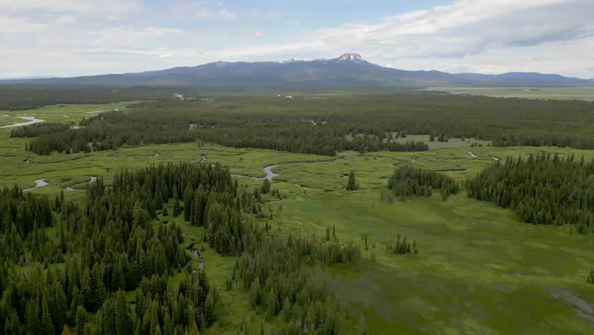 This aerial view of Montana highlights its lush fields, dense forests, and majestic mountains under a bright blue sky, creating a breathtaking landscape that captivates the spirit of nature