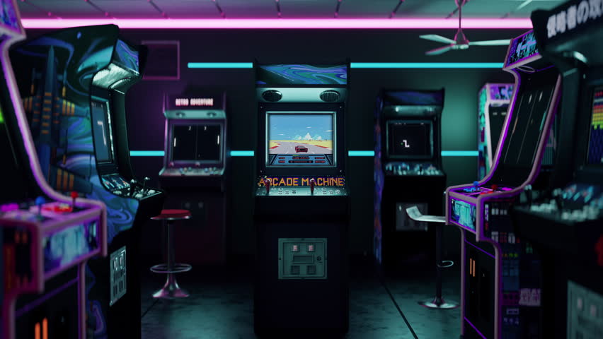 Having feelings of nostalgia while playing on the arcade gaming machine. Enjoying the nostalgic car racing simulator on the arcade gaming cabinet. Nostalgia old-school arcade gaming lounge room.