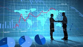 Business people shaking hands over financial data and world map animation. handshake, agreement, partnership, finance, global, analytics - Powered by Shutterstock - Get 15% off with code: PIKWIZARD15