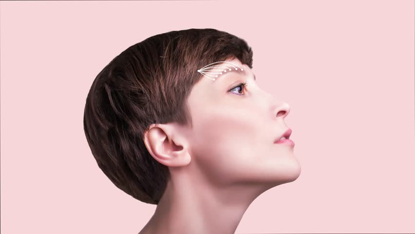 2D animation. Young female with clean fresh skin. Beautiful woman. Female face and neck. Portrait of young caucasian woman at studio isolated on pastel. Lifting by gold thread concept