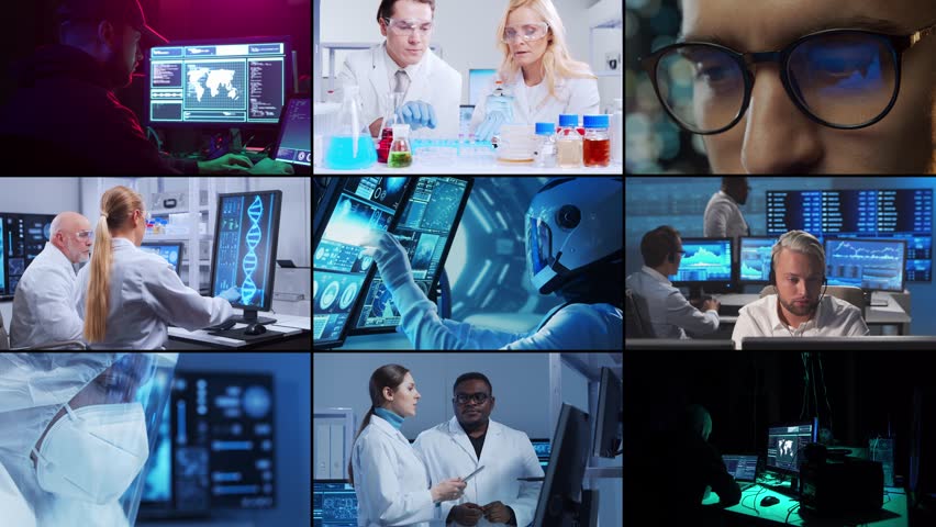 The concept of science, research and laboratory work. Diverse people work in modern science labs. Doctors, professors and lab assistants conduct medical, nanotechnological and microelectronic research - Powered by Shutterstock - Get 15% off with code: PIKWIZARD15