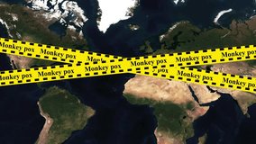 Monkeypox barricade tape line on world map - Powered by Shutterstock - Get 15% off with code: PIKWIZARD15