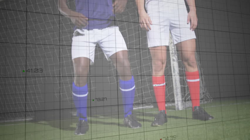 Animating graph over soccer players jumping near goalpost. Sports, animation, technology, teamwork, competition, data