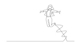 Self drawing animation of single line draw businesswoman jump raised his legs, spread his arms. Manager celebrating success of increasing company's product. Continuous line draw. Full length animated - Powered by Shutterstock - Get 15% off with code: PIKWIZARD15