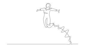 Animated self drawing of continuous line draw Arab businesswoman jump with raised legs, spread arms. Manager celebrating success of increasing company product sales. Full length single line animation - Powered by Shutterstock - Get 15% off with code: PIKWIZARD15