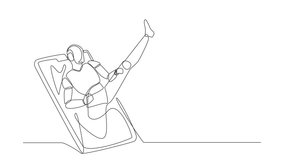 Animated self drawing of continuous line draw robots come out from cellular phone with kicking pose. Modern robotics artificial intelligence. Electronic technology. Full length one line animation - Powered by Shutterstock - Get 15% off with code: PIKWIZARD15