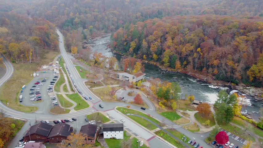 Aerial view of the Ohiopyle State Park in Pennsylvania. Ohiopyle in Pennsylvania on the Youghiogheny river in fall.