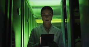 Animation of scientific data processing over caucasian female it technician by servers. Global science, connections, computing and data processing concept digitally generated video. - Powered by Shutterstock - Get 15% off with code: PIKWIZARD15