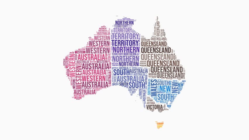 Australia regions word cloud animation. Country logo animated video. Australia colored text cloud. Regions typography style motion graphics. Modern video.
