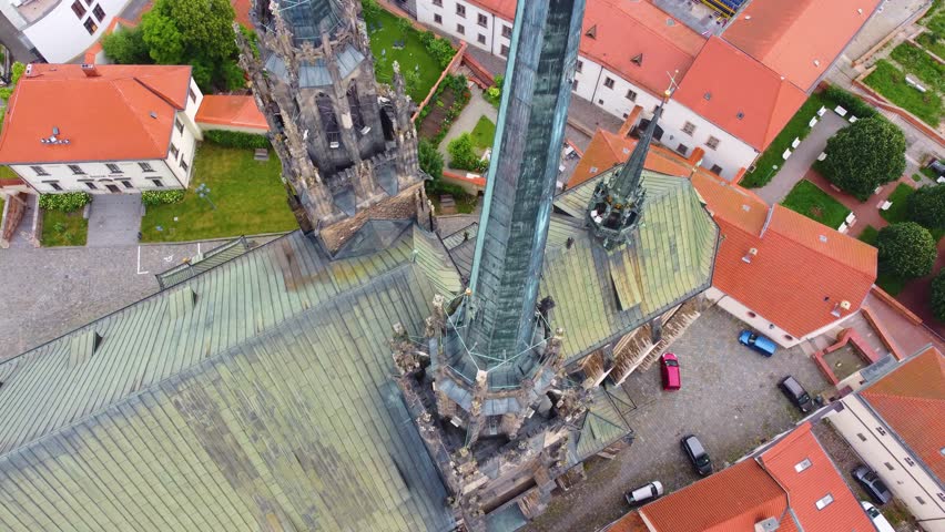 Close-up details view about the St. Peter and Paul Cathedral rooftop with two towers, Brno, Czech Republic.