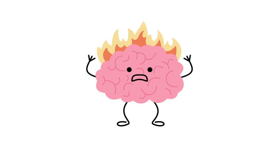 Brain with fire animated on white background. Burnout on stress, cute kawaii character. Intense brain activity from overwork, tension, multitasking. Video 4K motion graphic element animation