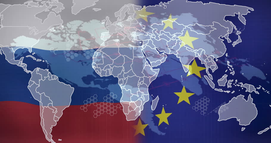 World map with Russia and European Union flags animation. Geopolitics, international relations, global, political, diplomacy, countries