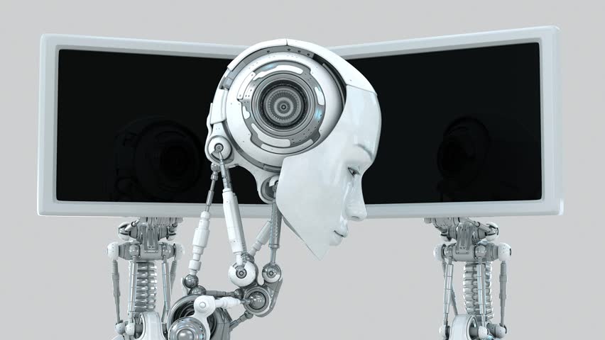 Sexy cyborg woman looks on two futuristic monitors with matrix effect