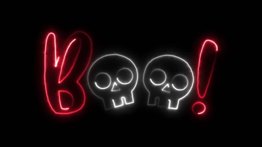 Neon Boo text. BOO! neon sign. Halloween concept. Animated banner. Line art. Isolated on black background. Holiday. Halloween message. Design print on shirt, card, poster, tee. Red text Ghost face. 
