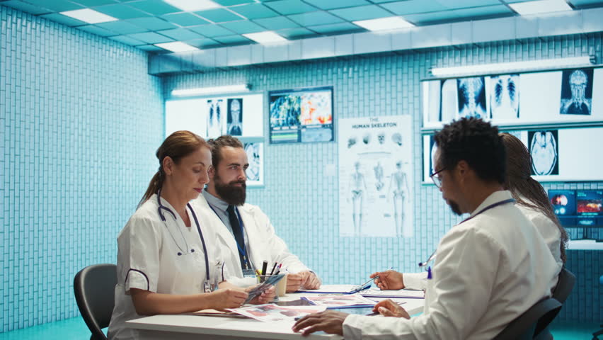 Healthcare staff collaborates on diagnostic control and treatment strategies. Medic with expertise in radiology and radiography supports effective disease prevention in treatment center. Camera B.