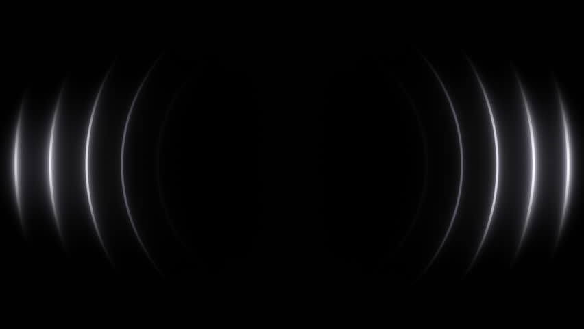 Bright white neon sound waves seamless motion. Radio wave signal, radar, and searching visualization. Neon glowing audio waveform,  radial music, and sound waves. Neon radial pulsating lights. 4k loop