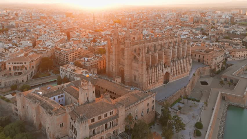 The Cathedral of Santa Maria of Palm, Palma de Mallorca, Mallorca, Balearic Islands, Spain. Aerial view of the historic Cathedral building on Majorca island at sunrise. 