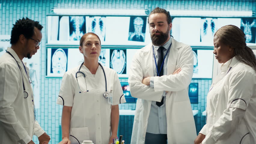 Doctor specialists reviewing human anatomy scans via hologram projection in cabinet, ensuring effective treatment plans. Team of healthcare experts use augmented visualization. Camera A. - Powered by Shutterstock - Get 15% off with code: PIKWIZARD15