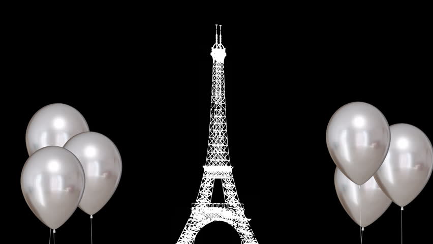 Eiffel Tower animation with white balloons on black background. Paris, landmark, travel, celebration, monochrome, France