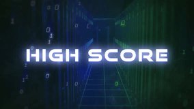 High score text animation over binary code and server room background. Technology, digital, data, coding, network, cybersecurity - Powered by Shutterstock - Get 15% off with code: PIKWIZARD15