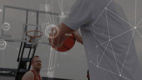 Network of connections and data processing animation over basketball players shooting hoops. Technology, networking, innovation, sports, teamwork, visualization - Powered by Shutterstock - Get 15% off with code: PIKWIZARD15