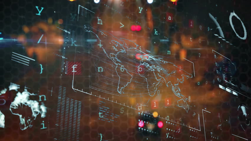 Cybercrime text and world map animation over digital data and coding background. Cybersecurity, hacking, data breach, cyber attack, digital security, encryption