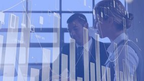 Animation of data processing and diagrams over diverse colleagues talking in office. Business and digital interface concept digitally generated video. - Powered by Shutterstock - Get 15% off with code: PIKWIZARD15