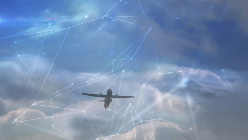Airplane flying through clouds with network connections animation over sky. Aviation, technology, skies, digital, futuristic, communication - Powered by Shutterstock - Get 15% off with code: PIKWIZARD15