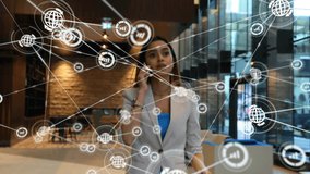 Network connections and data processing animation over businesswoman talking on smartphone. Technology, communication, networking, connectivity, digital, office - Powered by Shutterstock - Get 15% off with code: PIKWIZARD15