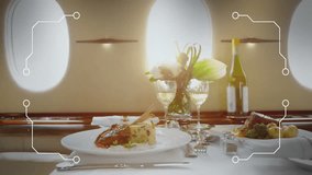 Gourmet meal and wine served on luxury flight with digital interface animation. travel, dining, first class, inflight, technology, service - Powered by Shutterstock - Get 15% off with code: PIKWIZARD15