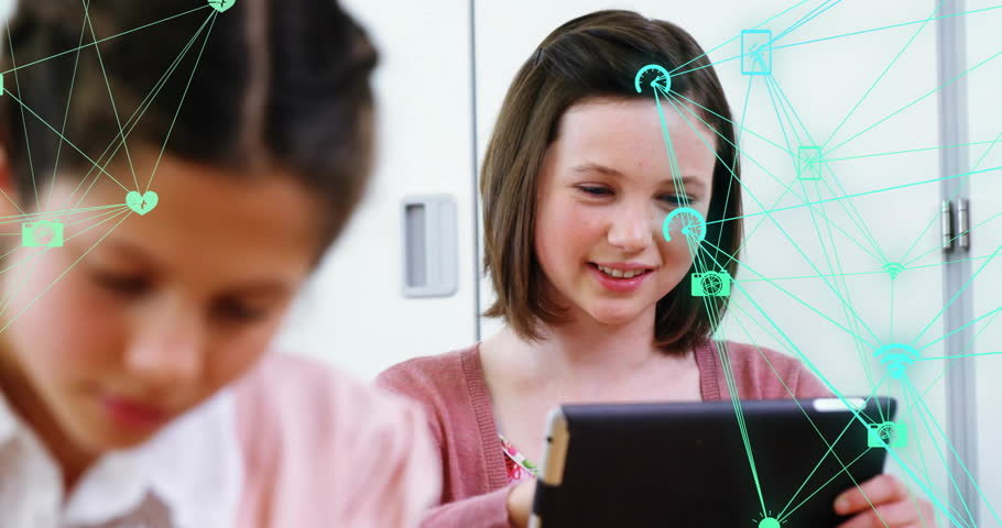 Children using tablets with digital network and data sharing animation ...