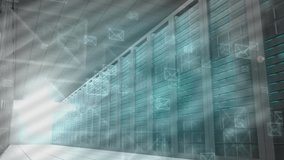 Email icons animation over server racks in data center. Technology, communication, network, digital, connectivity, IT - Powered by Shutterstock - Get 15% off with code: PIKWIZARD15