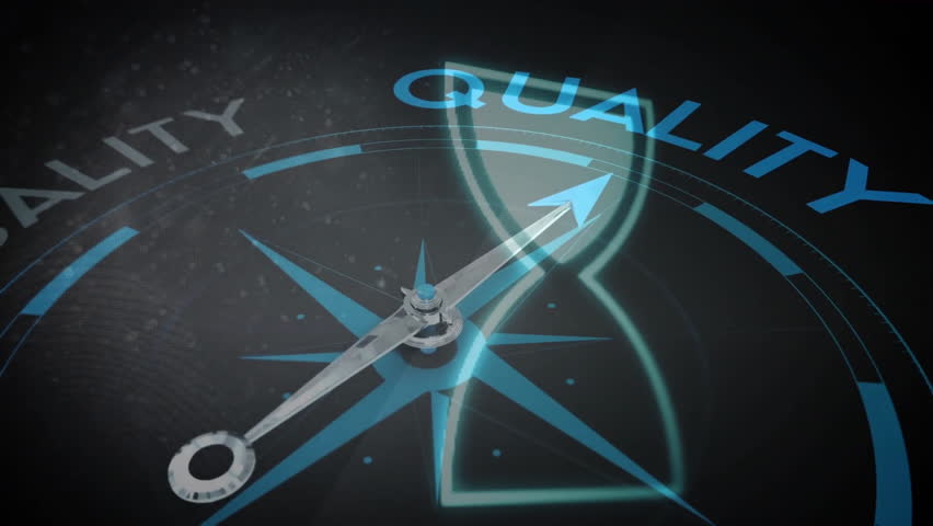 Compass needle pointing towards QUALITY text with hourglass animation. Navigation, direction, precision, time management, excellence, standards