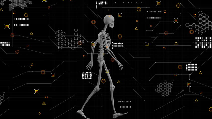 Walking skeleton over digital data and geometric shapes, animation of scientific analysis. Science, technology, futuristic, hologram, research, innovation - Powered by Shutterstock - Get 15% off with code: PIKWIZARD15