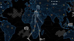 Human skeleton walking animation over world map with data points and hexagonal patterns. Technology, futuristic, global, connectivity, digital, analytics - Powered by Shutterstock - Get 15% off with code: PIKWIZARD15