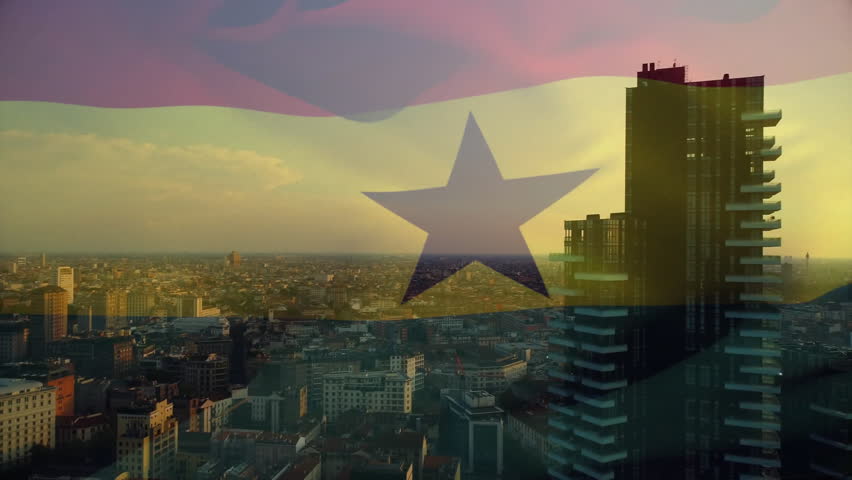 Ghana flag animation over cityscape with modern skyscrapers at sunset. skyline, buildings, urban, dusk, architecture, national