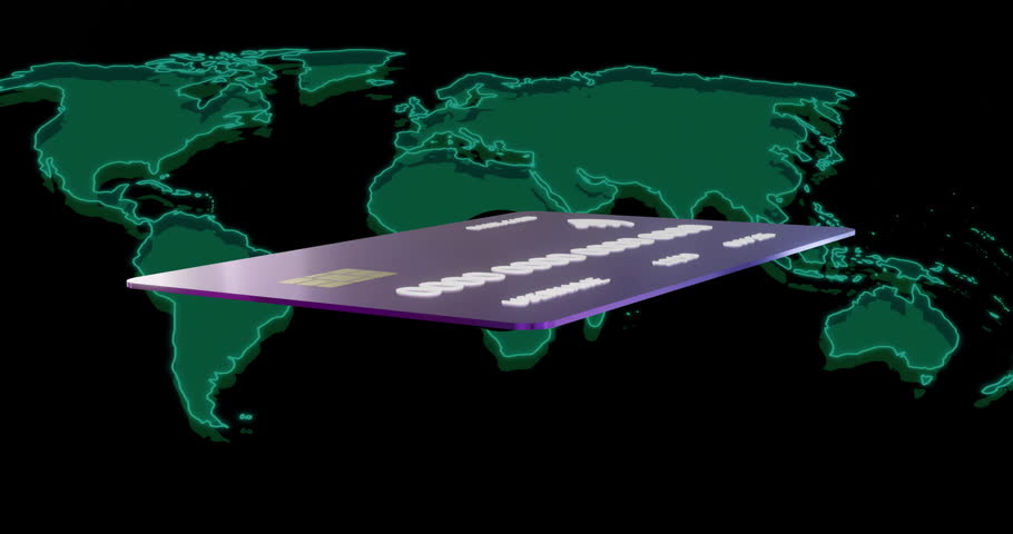 Bank card details animation over world map with highlighted cities and binary code. Finance, banking, cybersecurity, global, transactions, cityscape