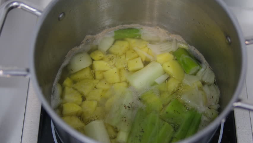 Peas soup footage how to make, cutting bread, serving