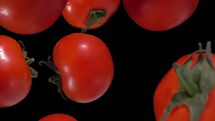 Close-up of the fresh ripe red tomatoes falling diagonally on the black background in slow motion. High quality 4k footage