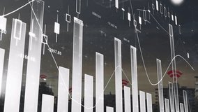 Financial data charts and graphs animation over cityscape background. Finance, analytics, urban, statistics, growth, economy - Powered by Shutterstock - Get 15% off with code: PIKWIZARD15