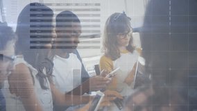 Business data analytics animation over diverse people using smartphones and laptops. Technology, data analysis, big data, innovation, teamwork, connectivity - Powered by Shutterstock - Get 15% off with code: PIKWIZARD15