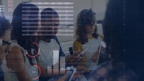 Global data analytics animation over diverse business people working in office. teamwork, technology, collaboration, analysis, brainstorming, corporate - Powered by Shutterstock - Get 15% off with code: PIKWIZARD15